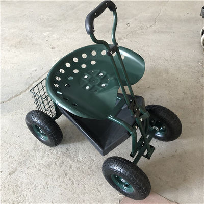 Adjustable Handle Garden Rolling Work Seat Steel Garden Cart Dengan Seat Swivel Steering